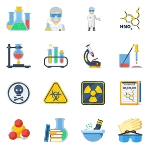 Chemistry flat color icons set with microscope burner ventilation laboratory equipment isolated vector illustration