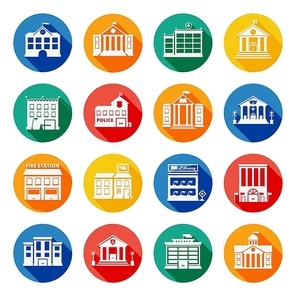 Government buildings flat icons in colorful isolated circles with church bank school university police signs isolated vector illustration