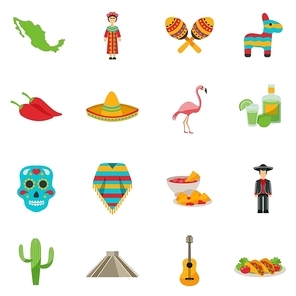 Set of flat icons with traditional food costumes animals and sightseeings of Mexico vector illustration