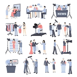 Pressman and operator icon set with reporter journalists celebrities news vector illustration
