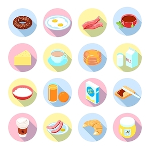 Breakfast food and drinks flat icons set with tea juice coffee porridge bacon in circles isolated vector illustration