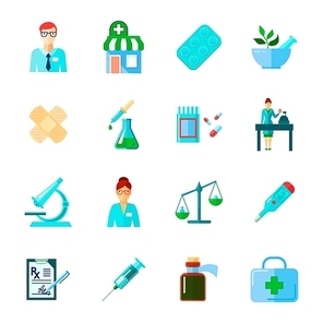 Pharmacist isolated icon flat set with drugs and methods of use of different medical instruments vector illustration