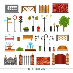 City park fences gates elements and traffic lights and boards flat icons collection abstract isolated vector illustration
