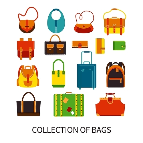 Handbags and luggage quality leatherwear store fashionable accessories online flat icons collection abstract isolated vector illustration