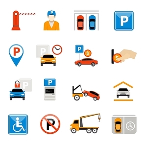 Set of parking isolated abstract icons with special signs equipment characters and actions vector illustration