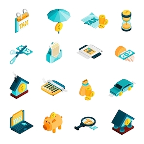 Tax isometric icons set with bank and money symbols isolated vector illustration
