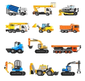 Construction machines orthogonal icons set with digger and crane flat isolated vector illustration