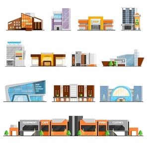 Shopping mall building orthogonal icons set with cafe and clothes symbols flat isolated vector illustration