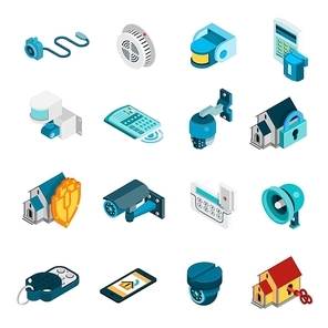 Security system isometric icons set with alarm and camera symbols isolated vector illustration