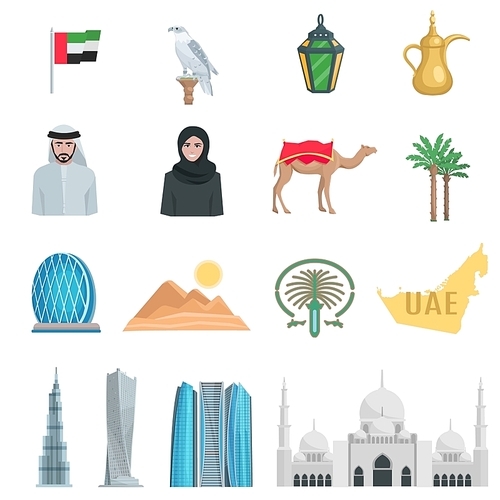 United arab emirates flat Icons with symbols of state and cultural objects isolated vector illustration