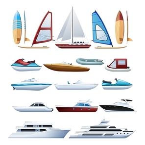 Motor boats catamaran windsurfer and sailboat various types of water transport flat icons set abstract isolated vector illustration