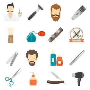 Set color icons about barber with shave equipment and personal hygiene accessories isolated vector illustration