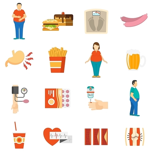 Collection color icons depicting factors and consequences of obesity with white background vector illustration