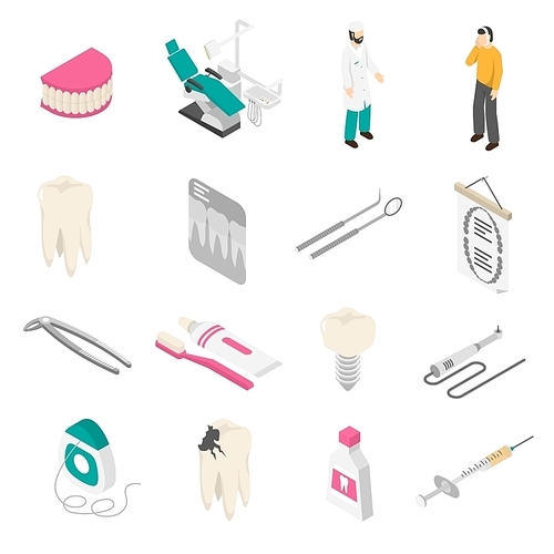 Set of color isometric icons about dentist patient tools vector illustration.
