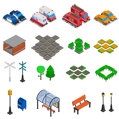 City infrastructure isometric elements set of  bench pavement tile mailbox lamp post traffic light office cars underpass bus stop vector illustration