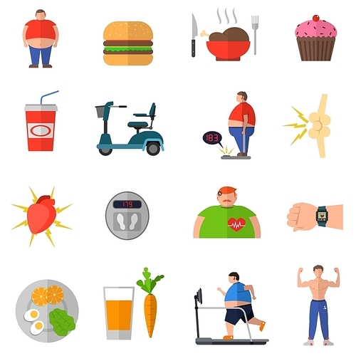 Transformation from obesity to healthy lifestyle with icons of good nutrition wrong food isolated vector illustration