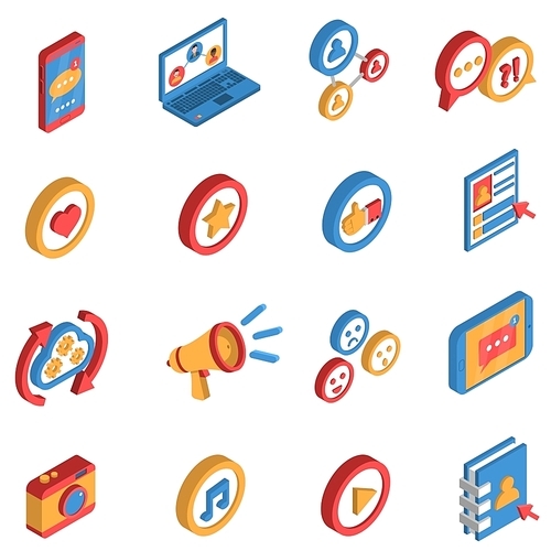 Isometric isolated icon set  with decorative colorful symbols and elements of social network and internet vector illustration