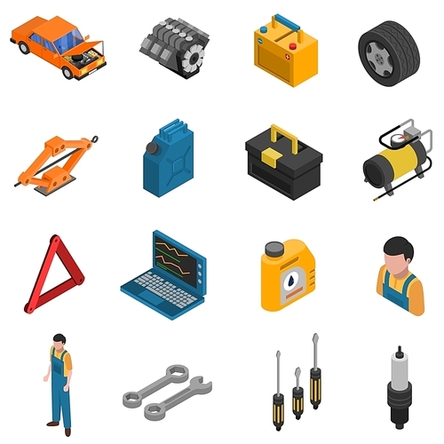 Isometric isolated icon set with colorful elements of car service like equipment staff and tools  vector illustration