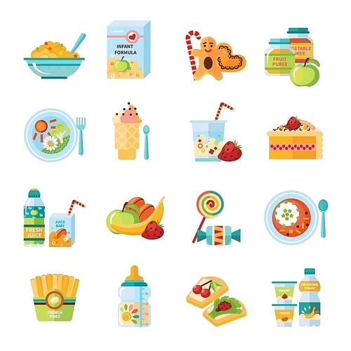 Infant and baby food flat icons collection with milk formula and vegetable puree abstract isolated vector illustration