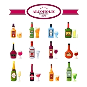 Alcoholic beverages bottles with wineglasses flat icons set for restaurant bar drinks special offers vector isolated  illustration