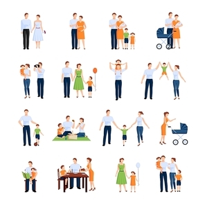 Family icons set with parents and children flat isolated vector illustration