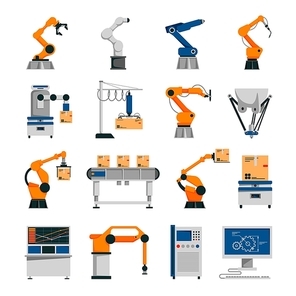 Automation icons set with robot and conveyor symbols flat isolated vector illustration
