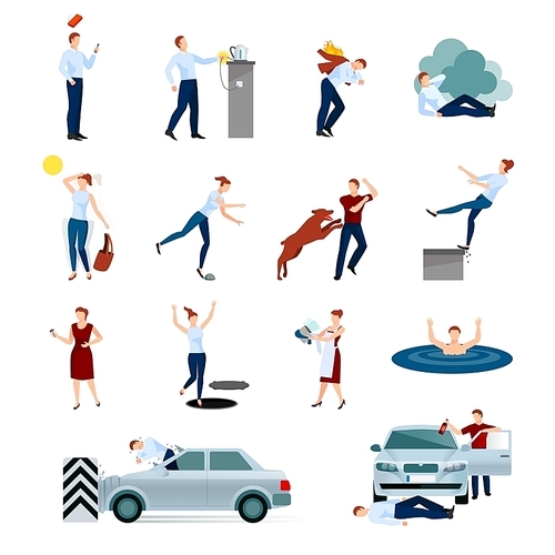 Accidents injuries dangers decorative icons set with fallings poisoning bites of animals road crashes isolated vector illustration