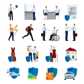 Services of insurance company icons set with policy negotiations security of health and property isolated vector illustration