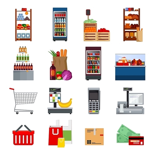 Supermarket decorative flat icons set with money and cards bags refrigerators purchases payment equipments  isolated vector illustration