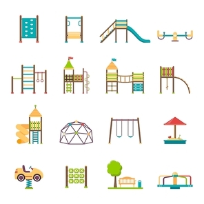 Playground flat icons set with swing carousels slides and stairs isolated vector illustration