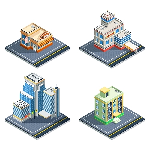 Building isometric isolated icon set with four types of ordinary city structures vector illustration