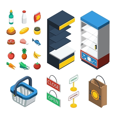 Supermarket isometric icon set with isolated elements of food equipment and grocery attributes vector illustration