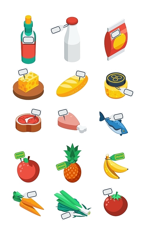 Supermarket isometric decorative isolated flat icons of food with price labels  vector illustration