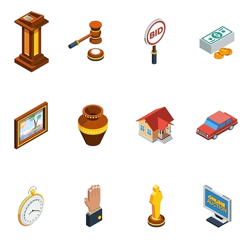 Isometric auction isolated icon set with different elements of bid process vector illustration