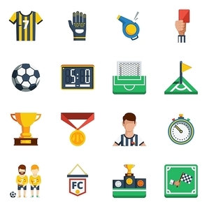 Soccer flat isolated  colored  icon set with different equipment and decorative symbols of field signs and players vector illustration