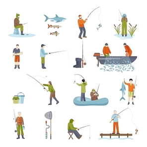 Colorful different ways fishing people fish accessory and tools for fishing isolated icons set on white background vector illustration