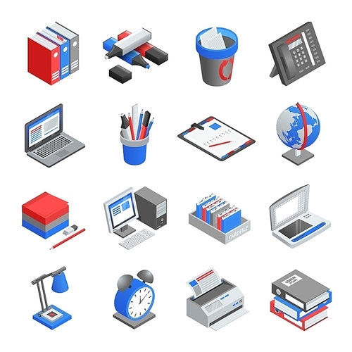 Different red blue and grey office tools for workplace isometric icons set isolated vector illustration