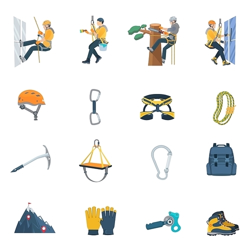 Color flat icons set of climbing equipment ofr industrial alpinism vector illustration