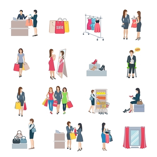 Set of color flat icons depicting woman shopping selection clothes shoes bag in store vector illustration