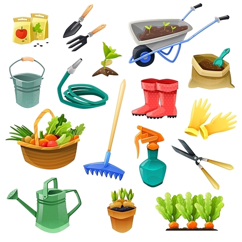 Gardening isolated color icons with handcart  hose for watering rubber boots bag of fertilizer and basket with vegetables vector illustration
