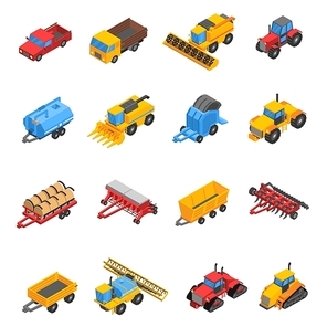 Isometric set with decorative colored isolated icons of agricultural machines and equipment vector illustration