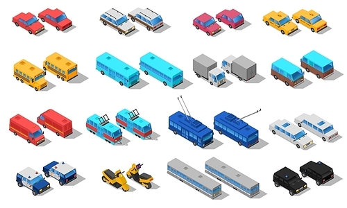City public transport isometric icons set with school bus taxi automobile and pickup trucks abstract isolated vector illustration