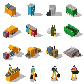 Garbage recycling and green waste collection services and facilities isometric icons collection abstract isolated shadow vector illustration