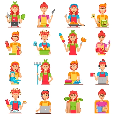 Housewife flat color icons set with women doing housework so as cleaning cooking washing babysitting isolated vector illustration