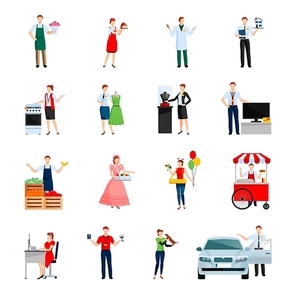 Sellers decorative icons set with sale of flowers cars icecream house feed for pet isolated vector illustration