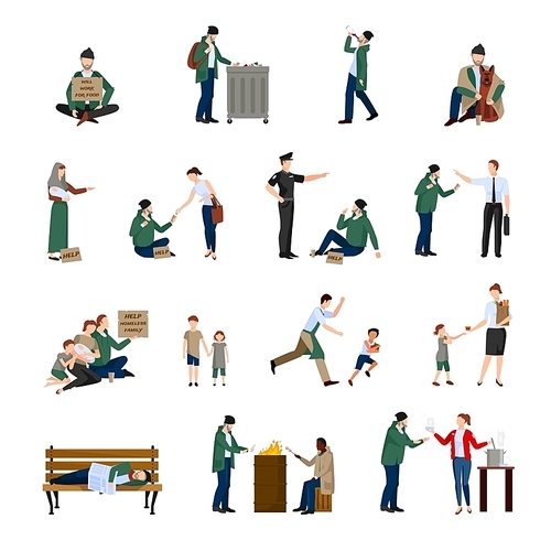 Homeless people icons set begging on the streets and survive in harsh conditions vector illustration
