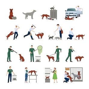 Stray animals icons set behavior of animals in society catching treatment in a veterinary clinic and finding them shelter protection vector illustration