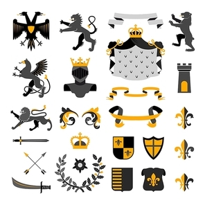 Heraldic royal symbols emblems design and coat of arms elements collection golden black abstract isolated vector illustration