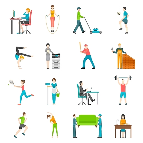 Set of flat color icons depicting physical activity people home outdoor or work vector illustration