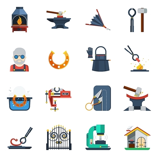 Blacksmith flat color icons set with hammer  anvil tongs clamp horseshoe isolated vector illustration